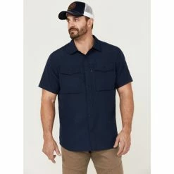 Discount 🥰 Brothers & Sons Men's Solid Dobby Performance Short Sleeve Button-Down Western 👚 Shirt Navy 😉