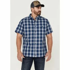 Promo ⌛ Brothers & Sons Men's Performance Plaid Short Sleeve Button-Down Western 👚 Shirt Blue 🥰