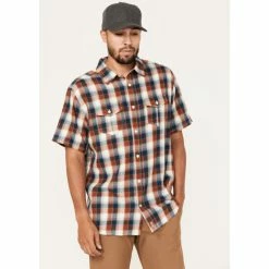 Best Sale 👍 Brothers & Sons Men's Casual Dark Orange Plaid Short Sleeve Button-Down Western 👚 Shirt 🥰