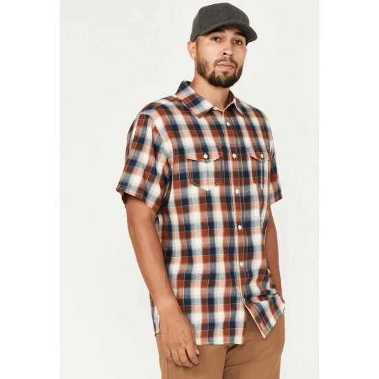 Best Sale π Brothers & Sons Men's Casual Dark Orange Plaid Short Sleeve Button-Down Western π Shirt π₯° - Image 2