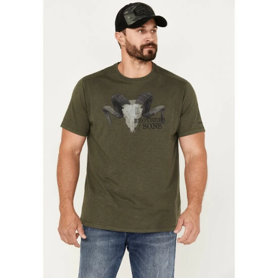 Flash Sale π₯ Brothers & Sons Men's Longhorn Skull Logo Graphic T-Shirt Olive π