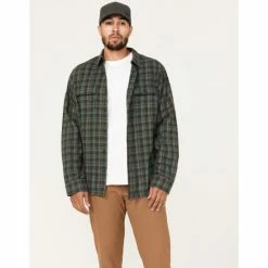 Discount 👏 Brothers & Sons Men's Everyday Dark Green Plaid Long Sleeve Button-Down Western Flannel 👕 Shirt 🔥